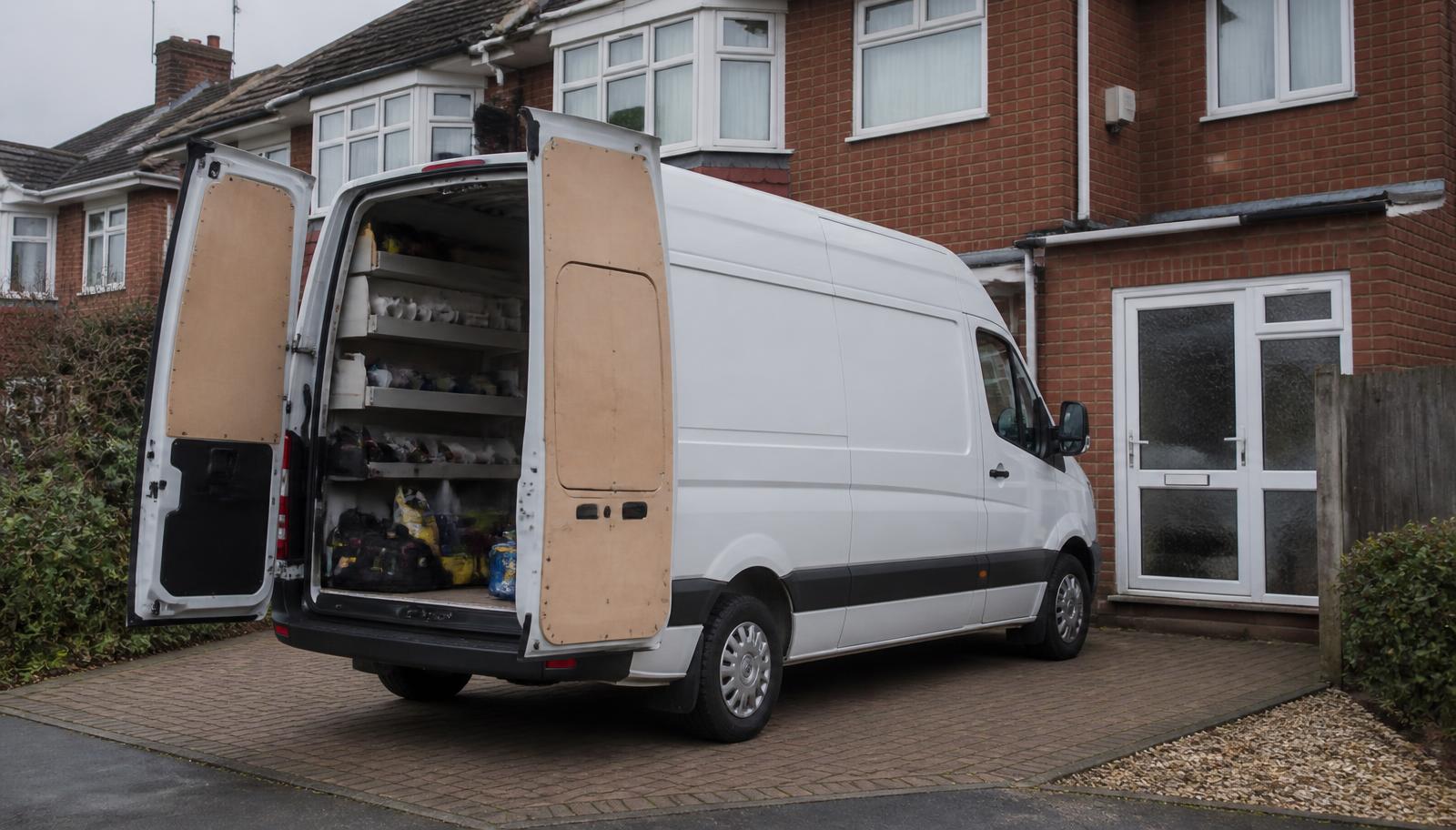 Work van loaded with pipe and fittings on the driveway of a red brick Hertfordshire home